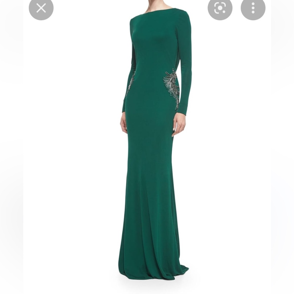 Badgley Mischka Emerald Long Sleeve Maxi Draped Back Beaded Gown